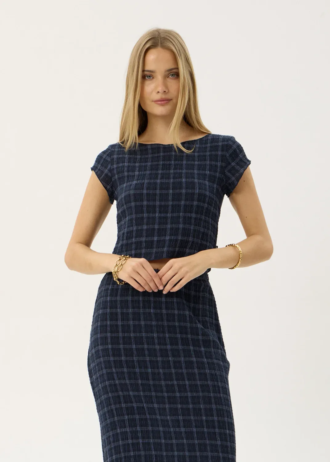 AFENDS WOMENS DARCY - SEERSUCKER TOP - THEA MIDNIGHT CHECK