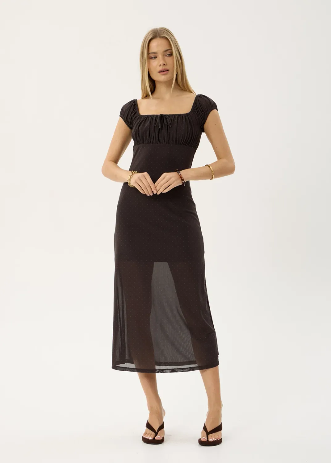 AFENDS WOMENS MELANIE - MESH MIDI DRESS - POLKA COFFEE