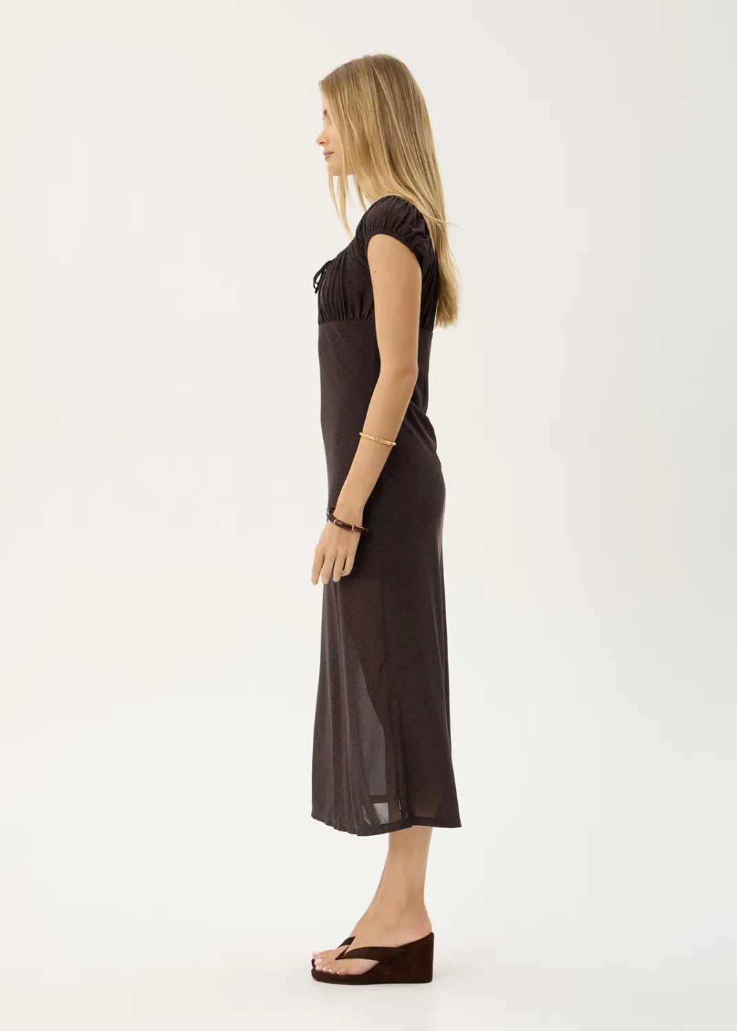 AFENDS WOMENS MELANIE - MESH MIDI DRESS - POLKA COFFEE