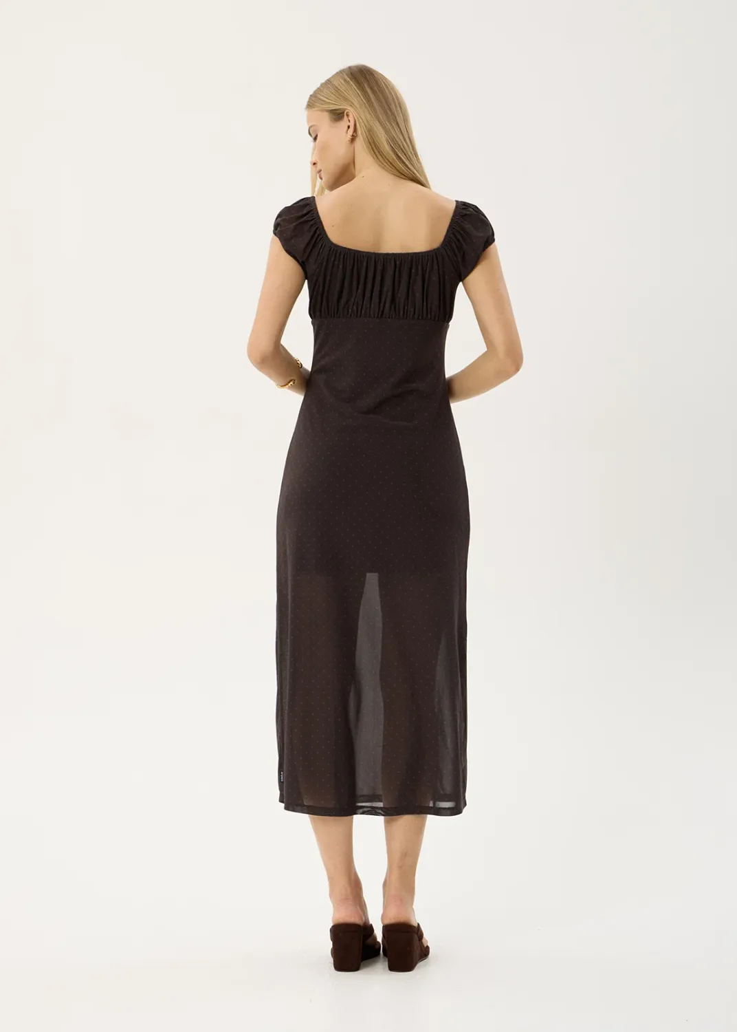 AFENDS WOMENS MELANIE - MESH MIDI DRESS - POLKA COFFEE