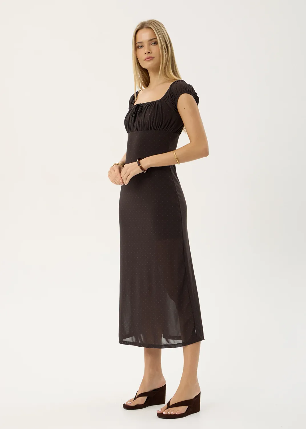 AFENDS WOMENS MELANIE - MESH MIDI DRESS - POLKA COFFEE