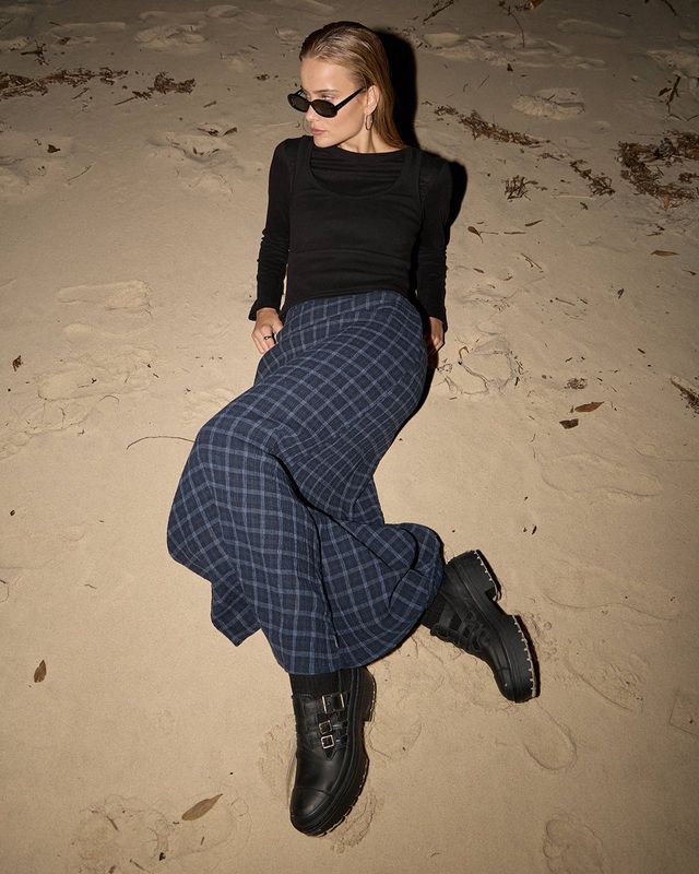 AFENDS WOMENS LITA - SEERSUCKER MAXI SKIRT - THEA MIDNIGHT CHECK