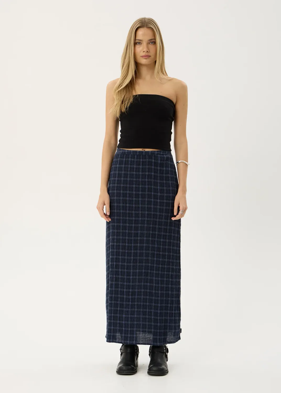 AFENDS WOMENS LITA - SEERSUCKER MAXI SKIRT - THEA MIDNIGHT CHECK