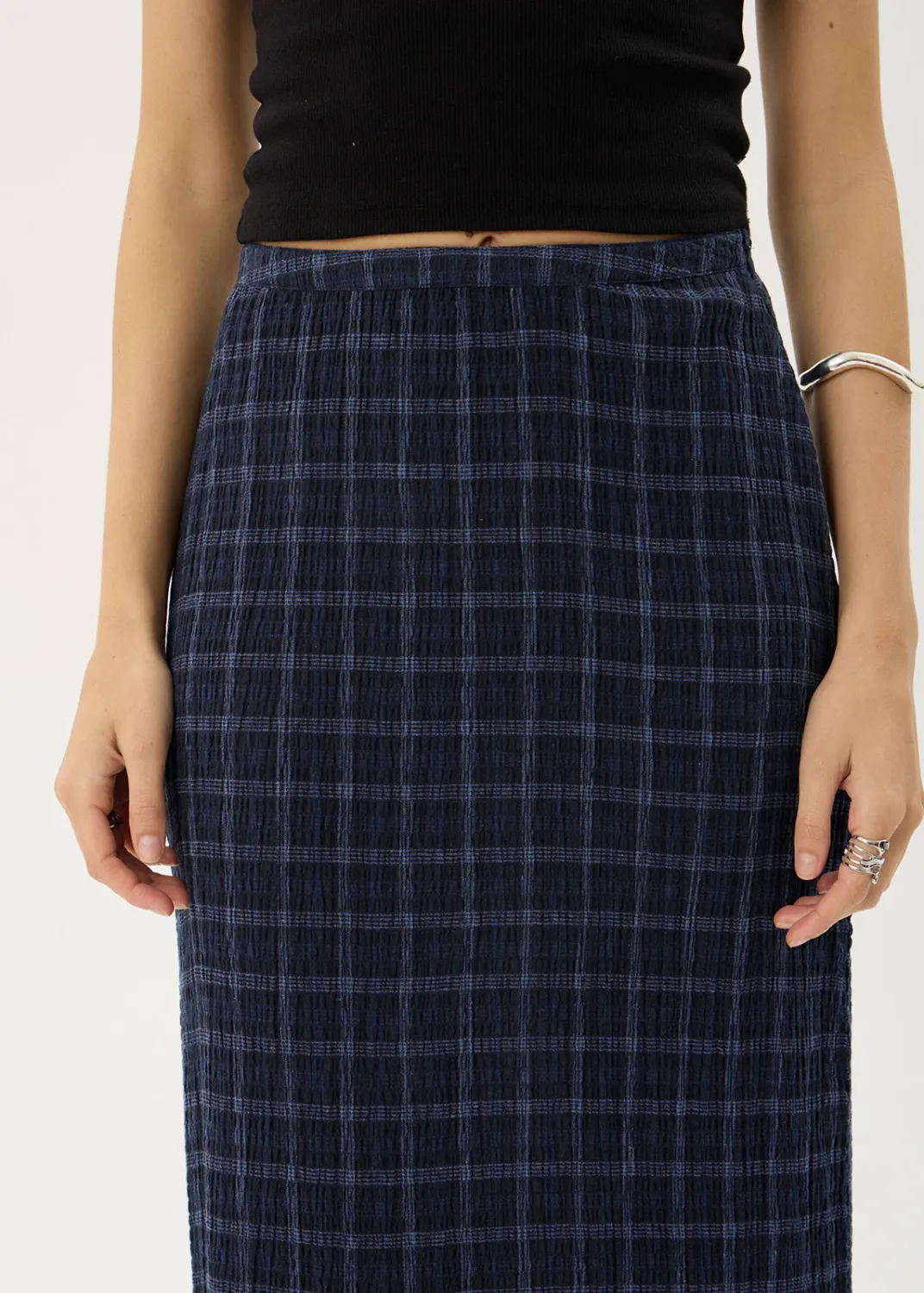 AFENDS WOMENS LITA - SEERSUCKER MAXI SKIRT - THEA MIDNIGHT CHECK