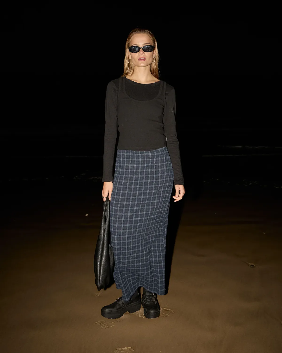 AFENDS WOMENS LITA - SEERSUCKER MAXI SKIRT - THEA MIDNIGHT CHECK