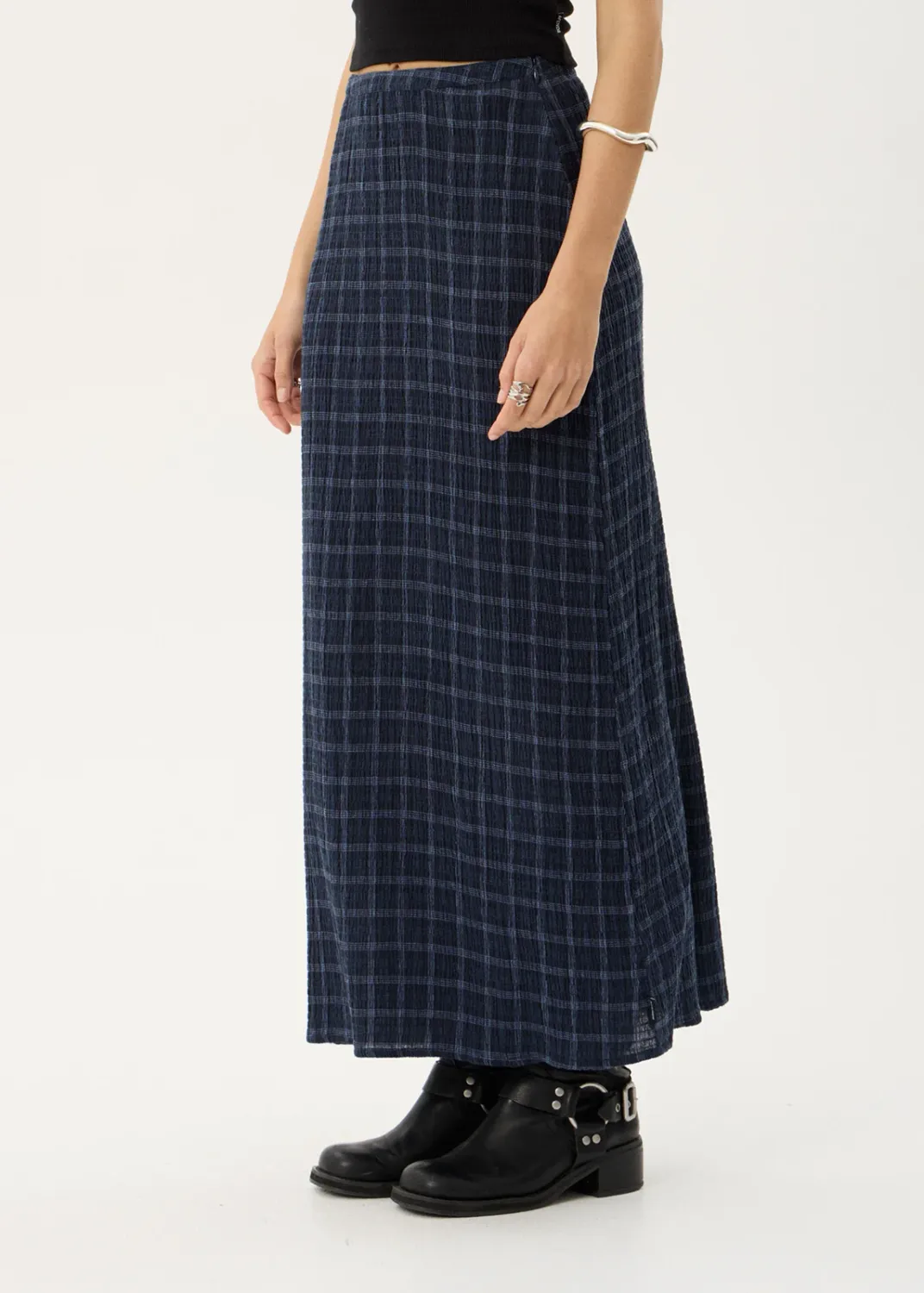 AFENDS WOMENS LITA - SEERSUCKER MAXI SKIRT - THEA MIDNIGHT CHECK