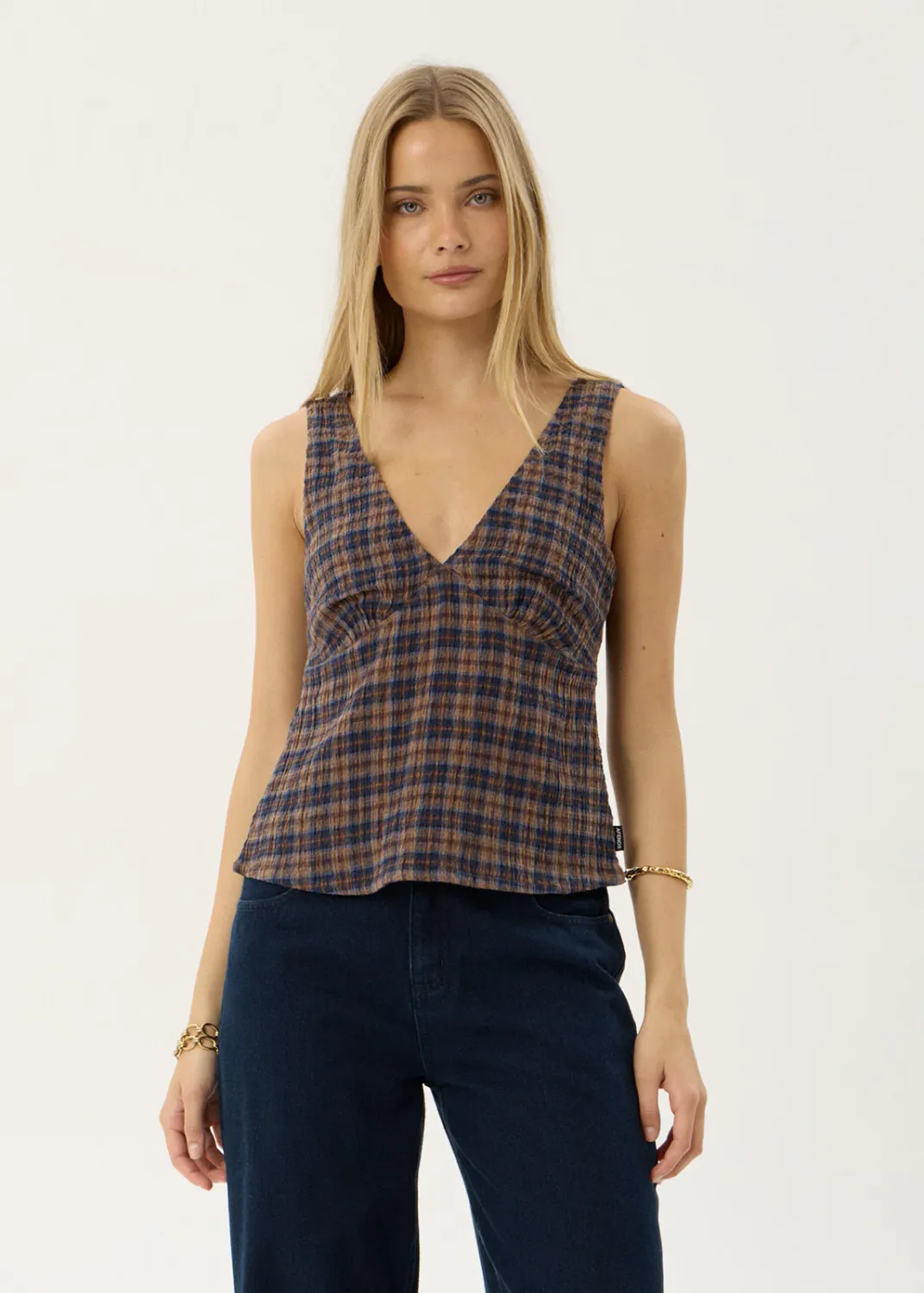 AFENDS WOMENS GISELLE - SEERSUCKER TOP - SHEV INDIGO CHECK