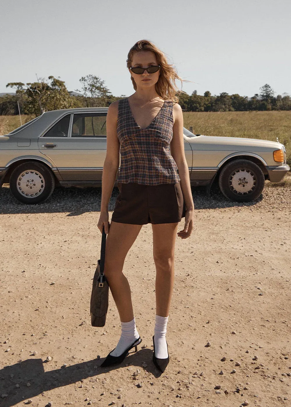 AFENDS WOMENS GISELLE - SEERSUCKER TOP - SHEV INDIGO CHECK