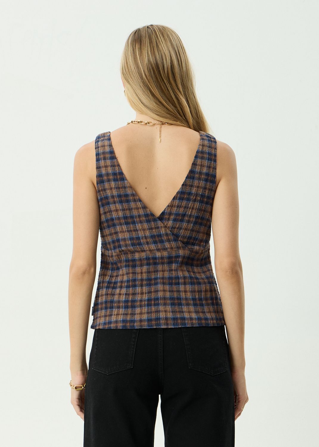 AFENDS WOMENS GISELLE - SEERSUCKER TOP - SHEV INDIGO CHECK