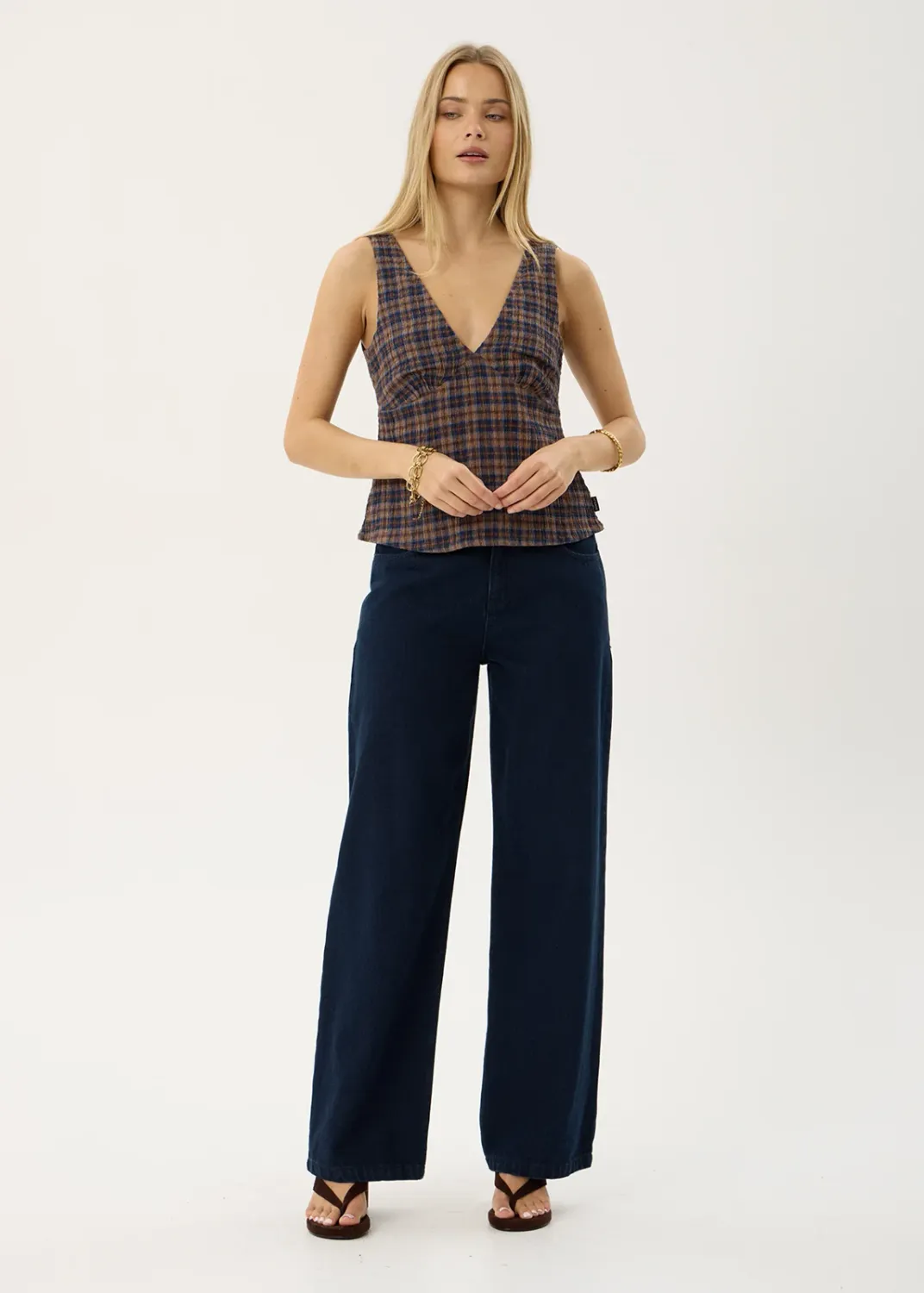 AFENDS WOMENS GISELLE - SEERSUCKER TOP - SHEV INDIGO CHECK