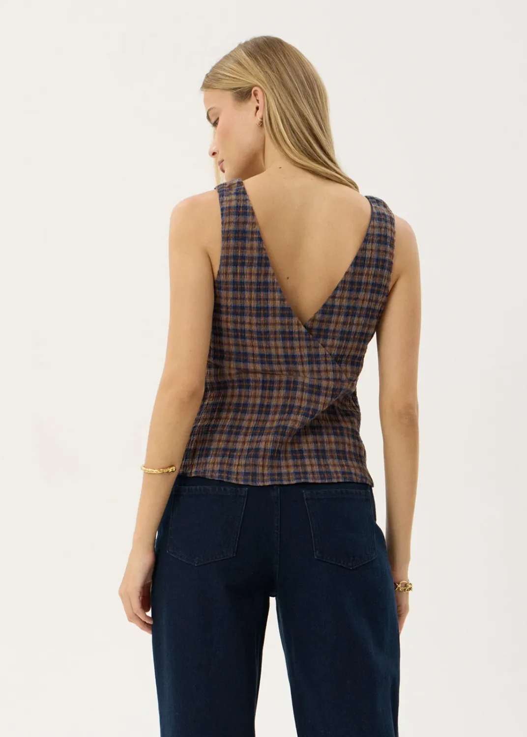 AFENDS WOMENS GISELLE - SEERSUCKER TOP - SHEV INDIGO CHECK