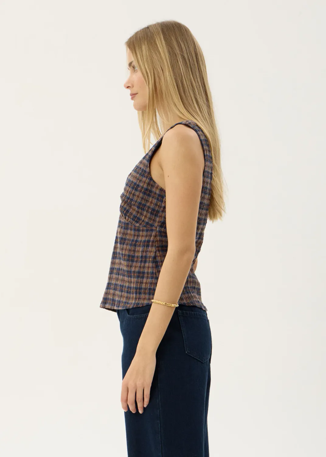 AFENDS WOMENS GISELLE - SEERSUCKER TOP - SHEV INDIGO CHECK