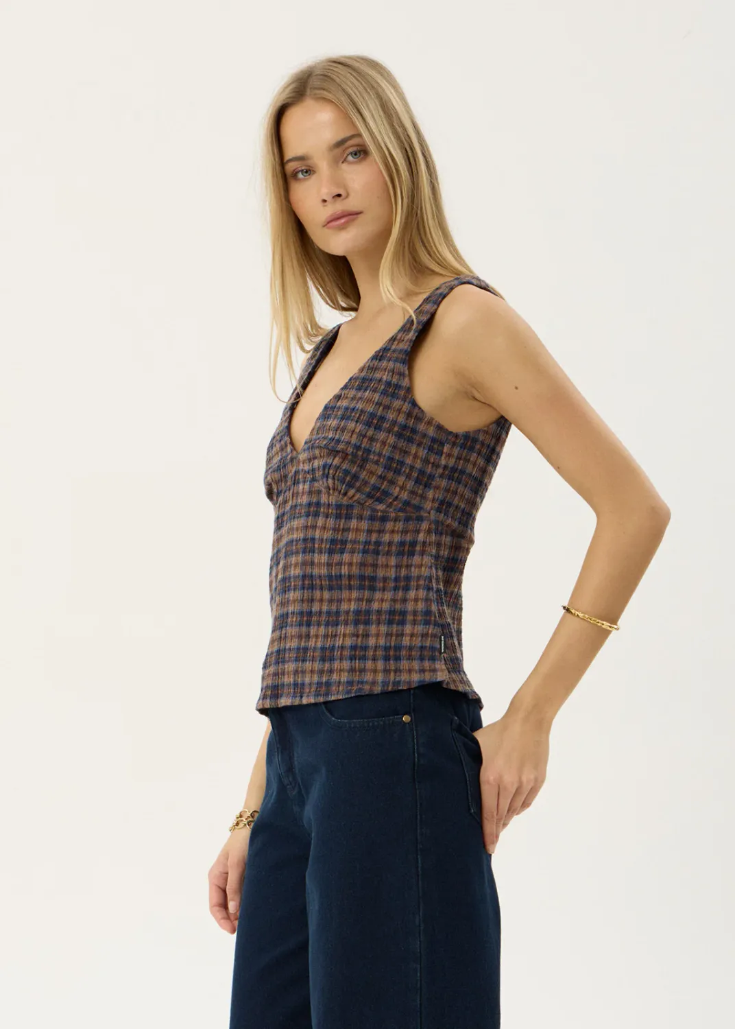 AFENDS WOMENS GISELLE - SEERSUCKER TOP - SHEV INDIGO CHECK