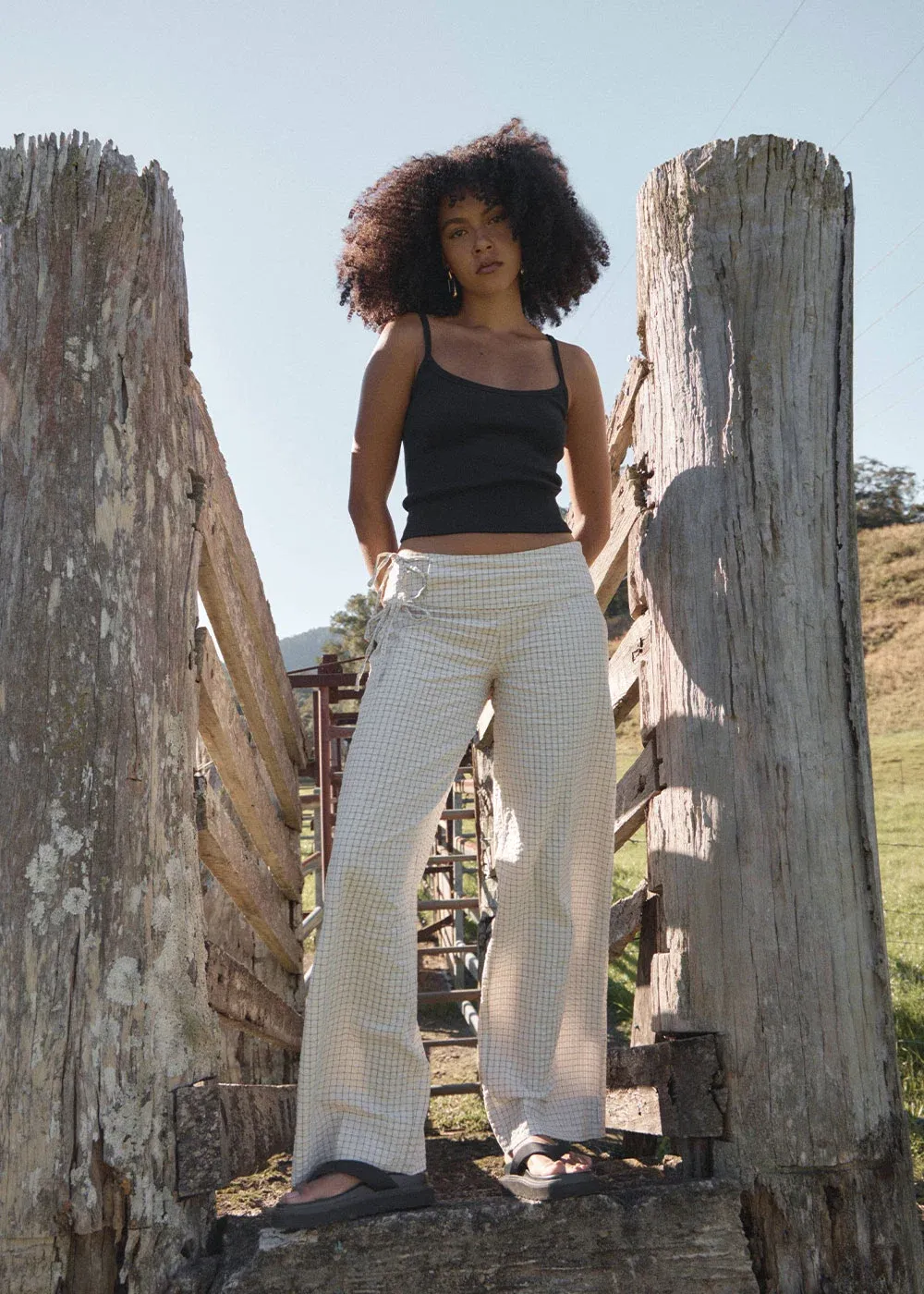 AFENDS WOMENS SOFIA - WIDE LEG PANT - REVERB MOONBEAM CHECK