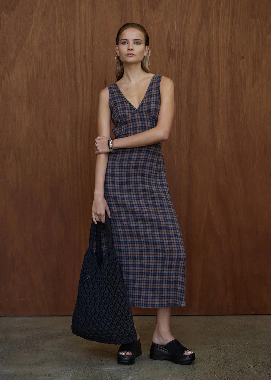 AFENDS WOMENS TULLY - SEERSUCKER MAXI DRESS - SHEV INDIGO CHECK