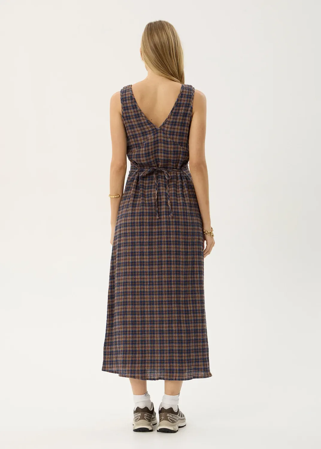 AFENDS WOMENS TULLY - SEERSUCKER MAXI DRESS - SHEV INDIGO CHECK