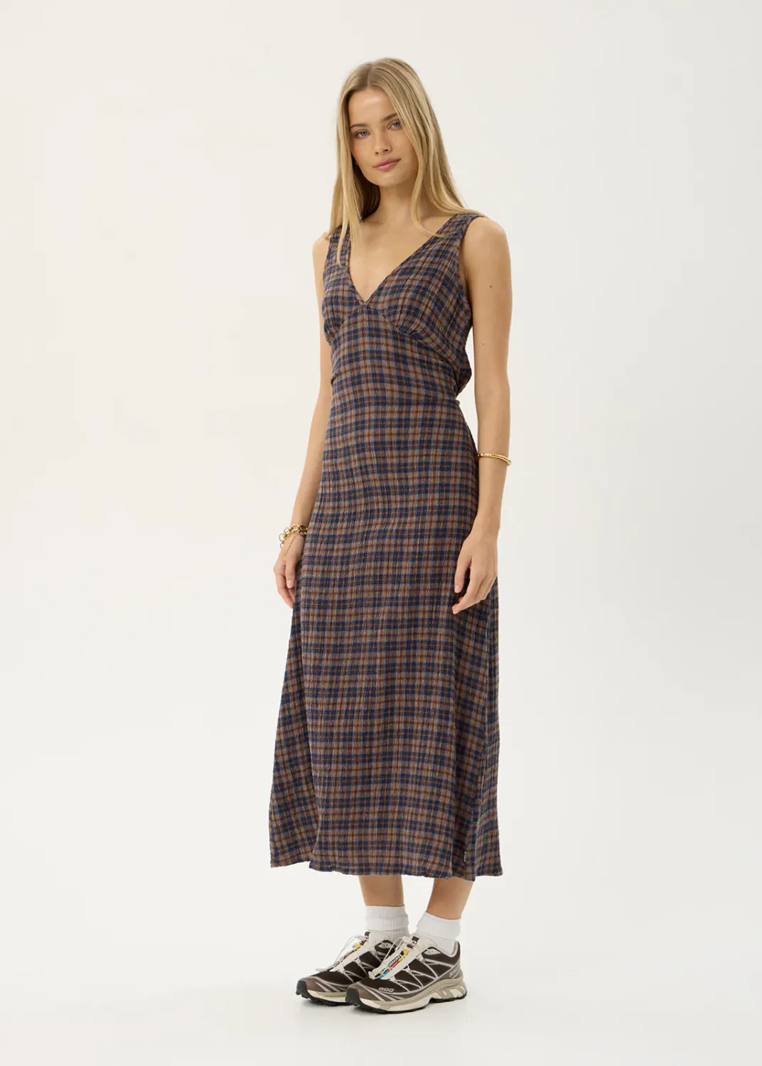 AFENDS WOMENS TULLY - SEERSUCKER MAXI DRESS - SHEV INDIGO CHECK