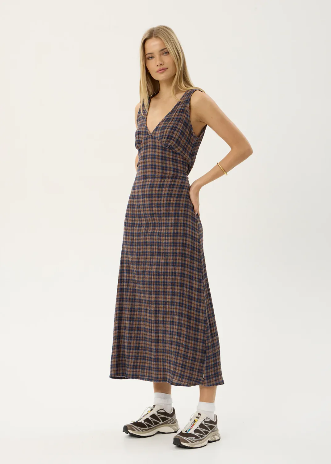 AFENDS WOMENS TULLY - SEERSUCKER MAXI DRESS - SHEV INDIGO CHECK