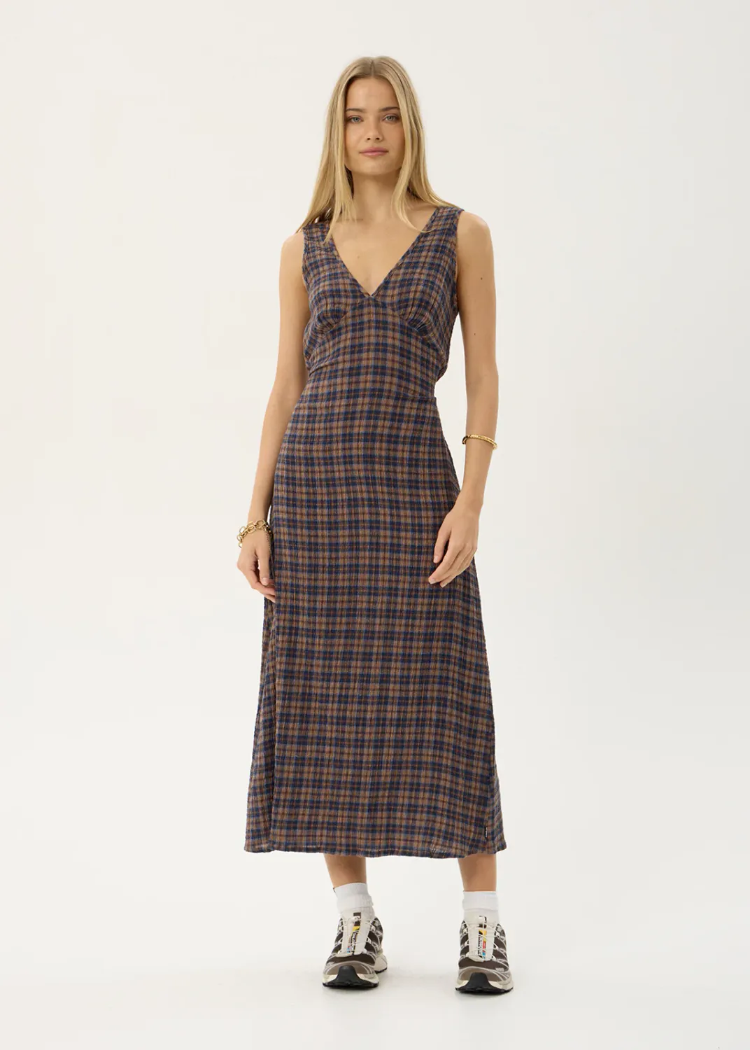 AFENDS WOMENS TULLY - SEERSUCKER MAXI DRESS - SHEV INDIGO CHECK