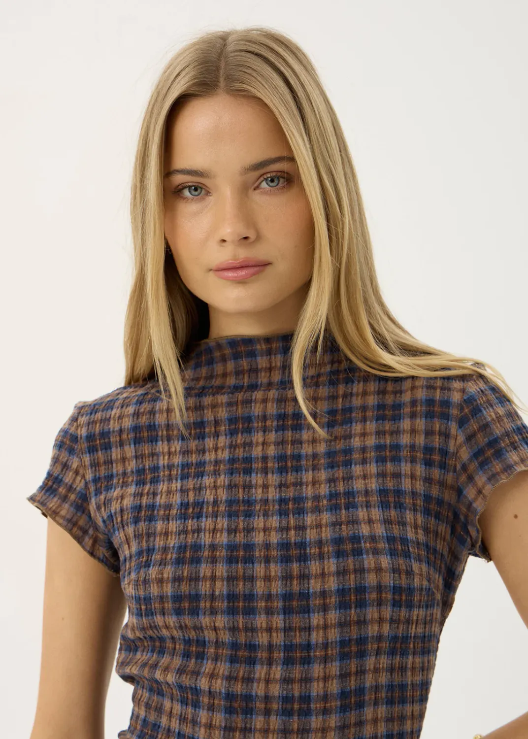 AFENDS WOMENS ELODIE - SEERSUCKER MINI DRESS - SHEV INDIGO CHECK