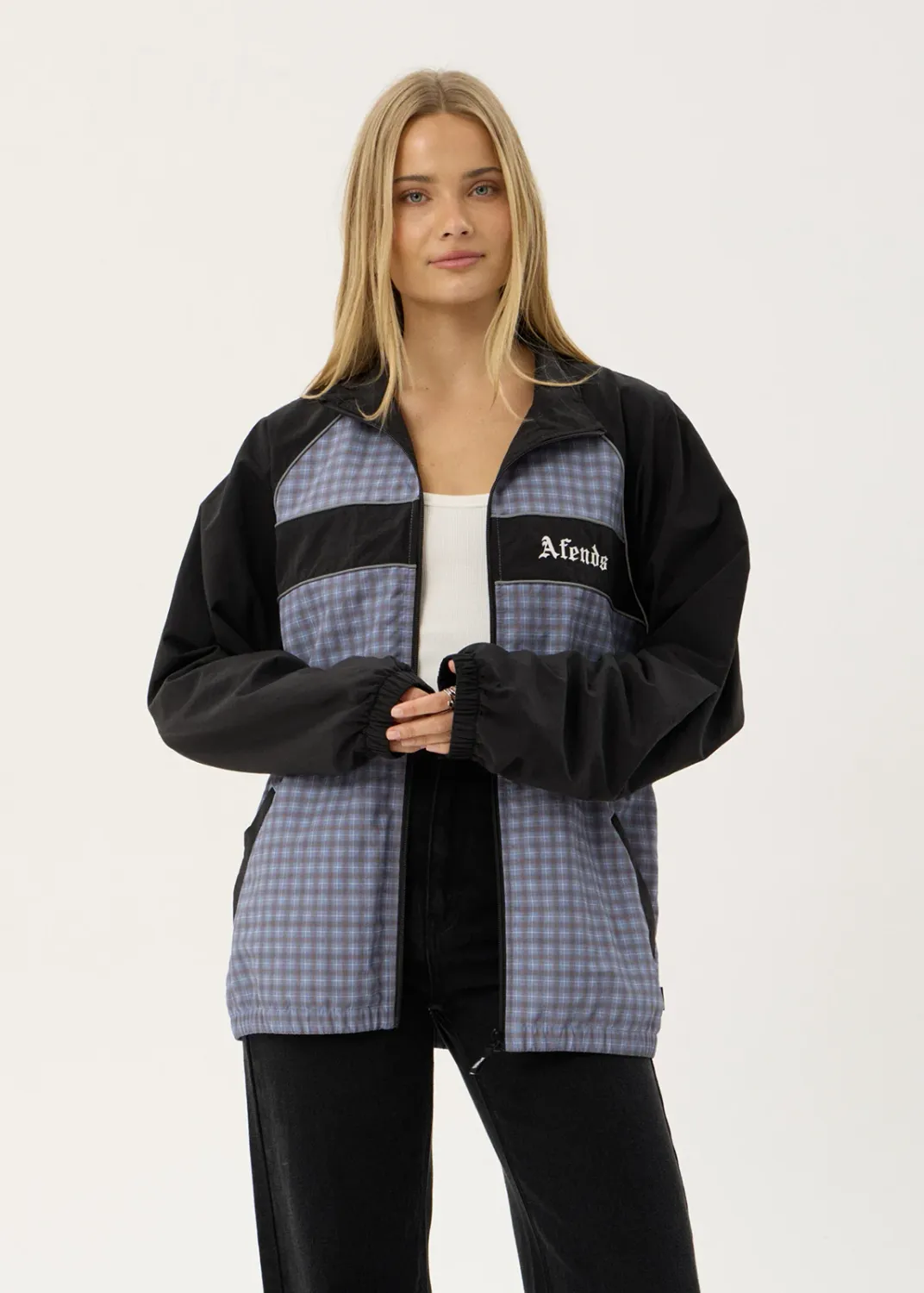 AFENDS MENS SPICY - SPORTS SPRAY JACKET - SLATE BLUE CHECK