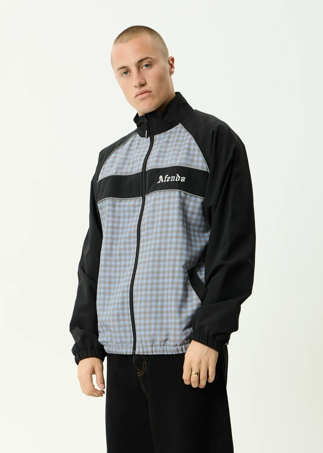 AFENDS MENS SPICY - SPORTS SPRAY JACKET - SLATE BLUE CHECK