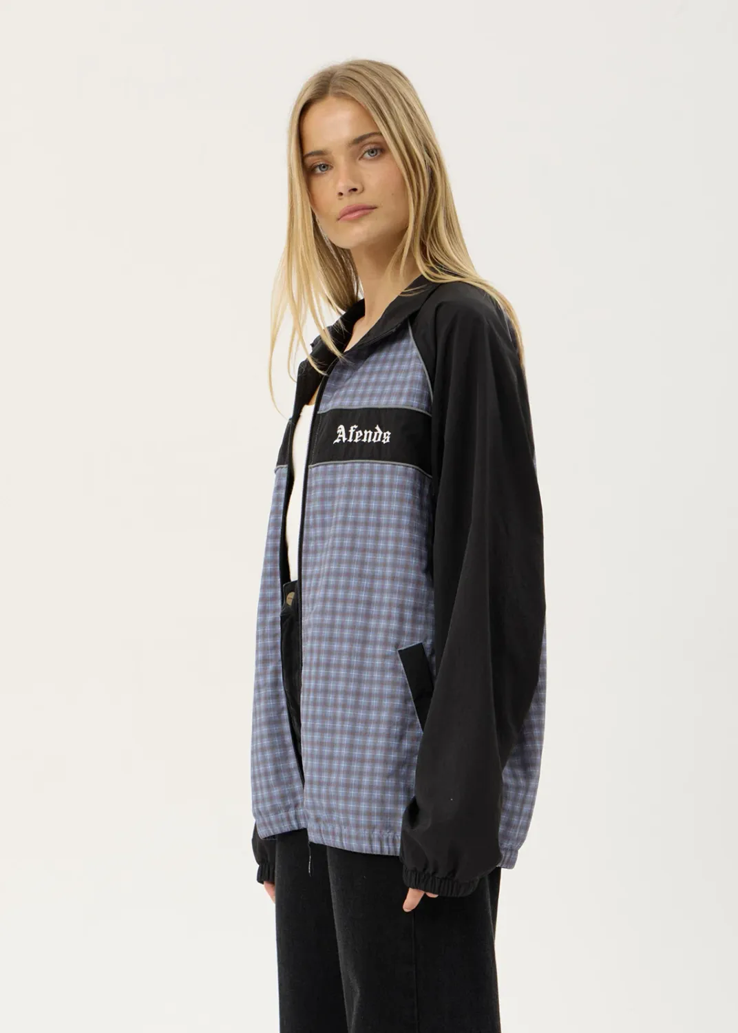 AFENDS MENS SPICY - SPORTS SPRAY JACKET - SLATE BLUE CHECK