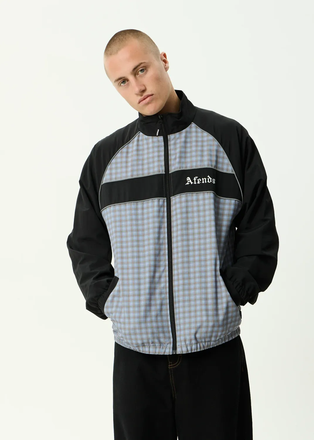 AFENDS MENS SPICY - SPORTS SPRAY JACKET - SLATE BLUE CHECK