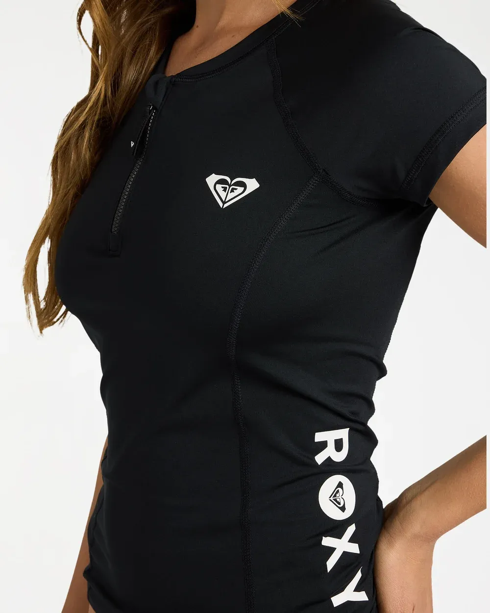 ROXY WOMENS ESSENTIALS CHEST ZIP CAP SLEEVE RASHIE - ANTHRACITE