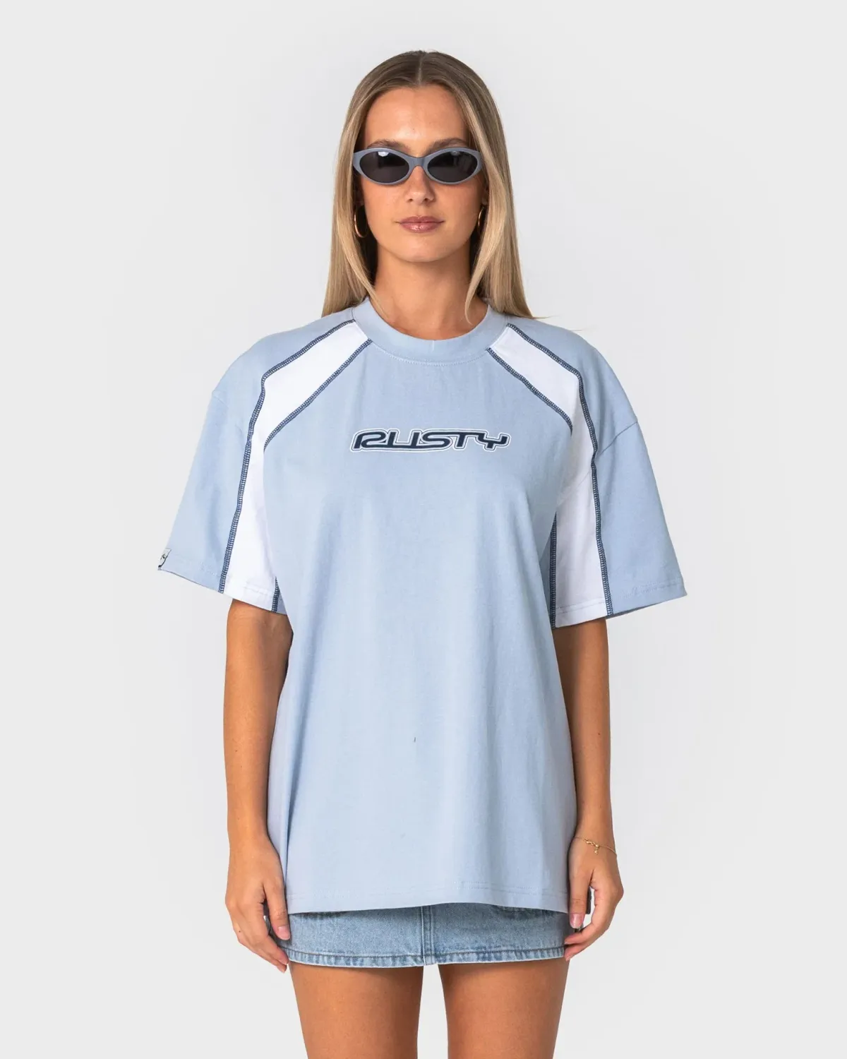 RUSTY WOMENS WAVERS TIDE OVERSIZE SHORT SLEEVE TEE - RETRO BLUE / WHITE