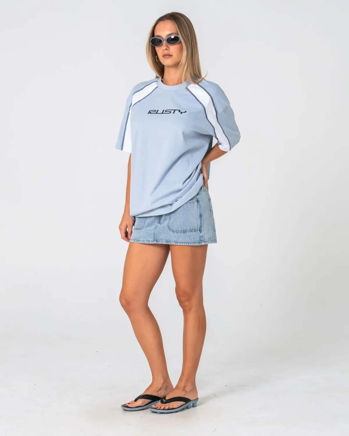 RUSTY WOMENS WAVERS TIDE OVERSIZE SHORT SLEEVE TEE - RETRO BLUE / WHITE