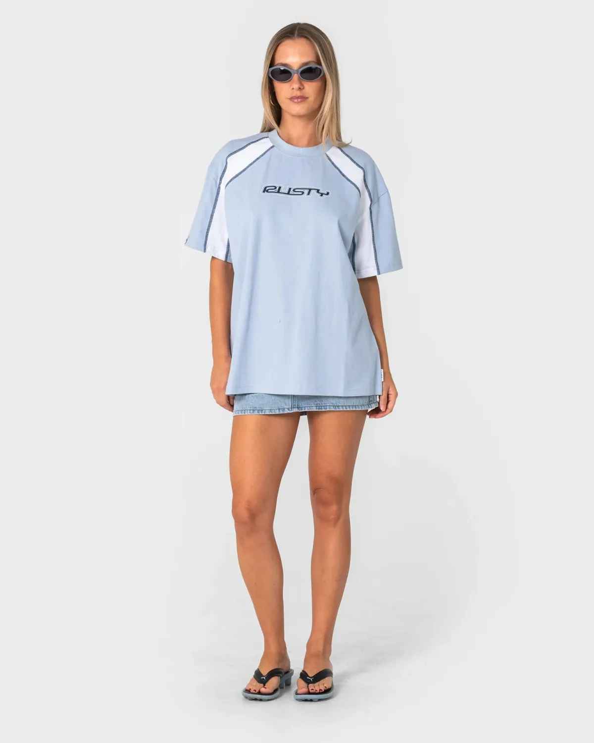 RUSTY WOMENS WAVERS TIDE OVERSIZE SHORT SLEEVE TEE - RETRO BLUE / WHITE