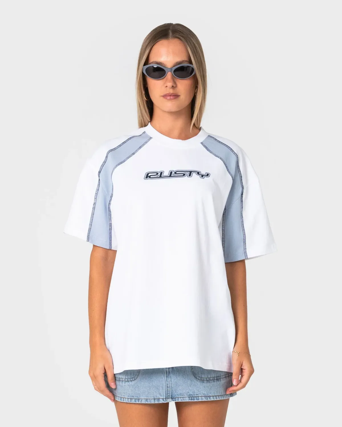 RUSTY WOMENS WAVERS TIDE OVERSIZE SHORT SLEEVE TEE - WHITE / RETRO BLUE