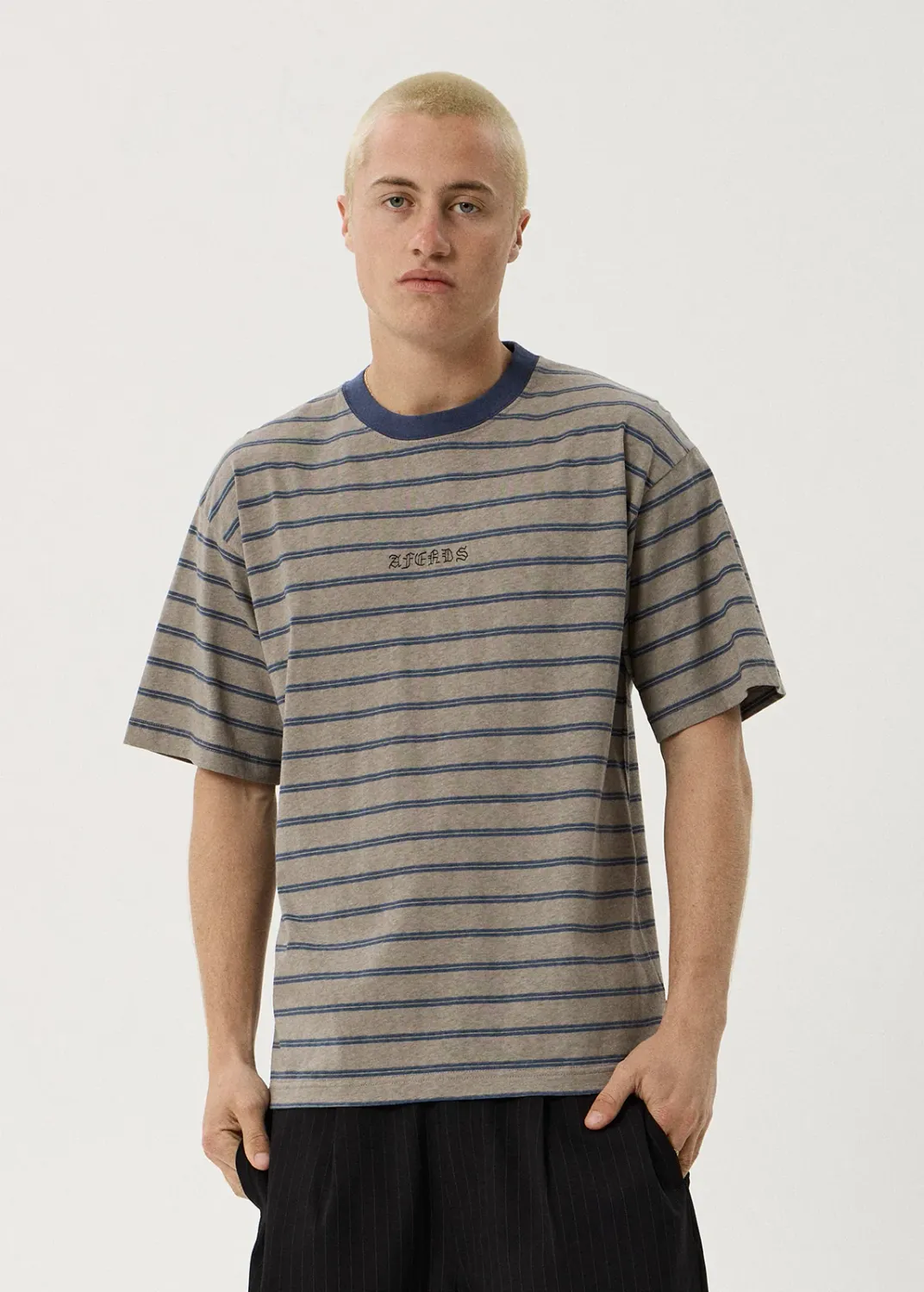 AFENDS MENS EUREKA - BOXY TEE - OLIVE STRIPE