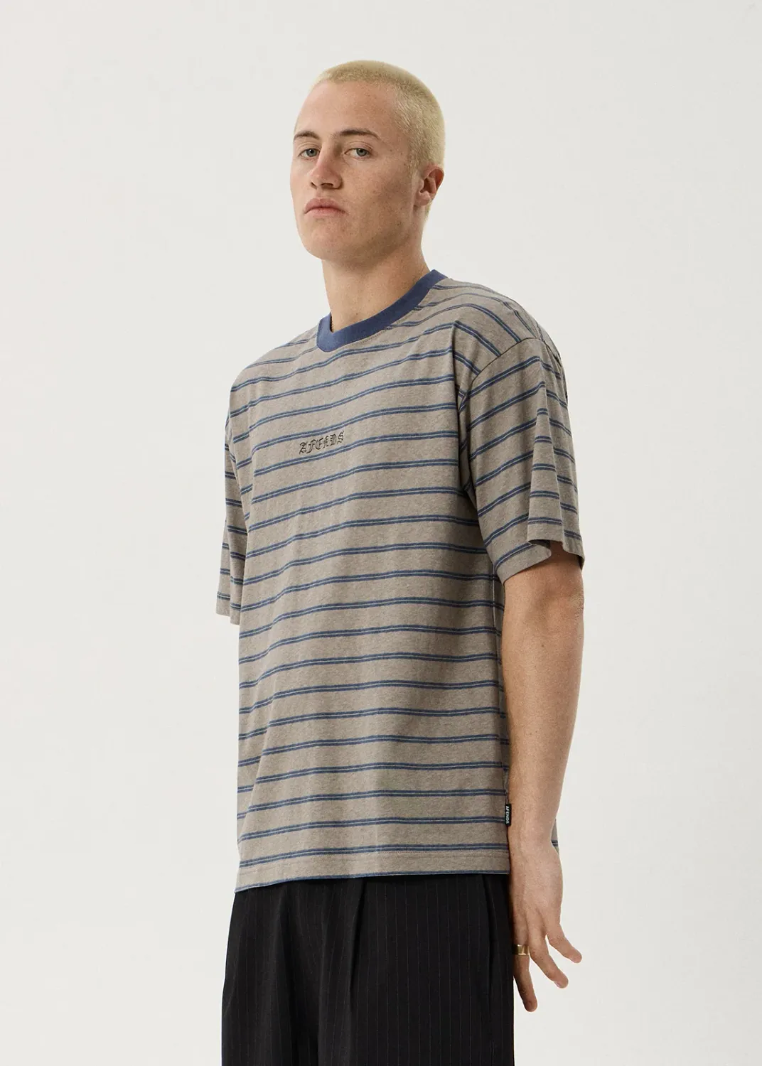 AFENDS MENS EUREKA - BOXY TEE - OLIVE STRIPE