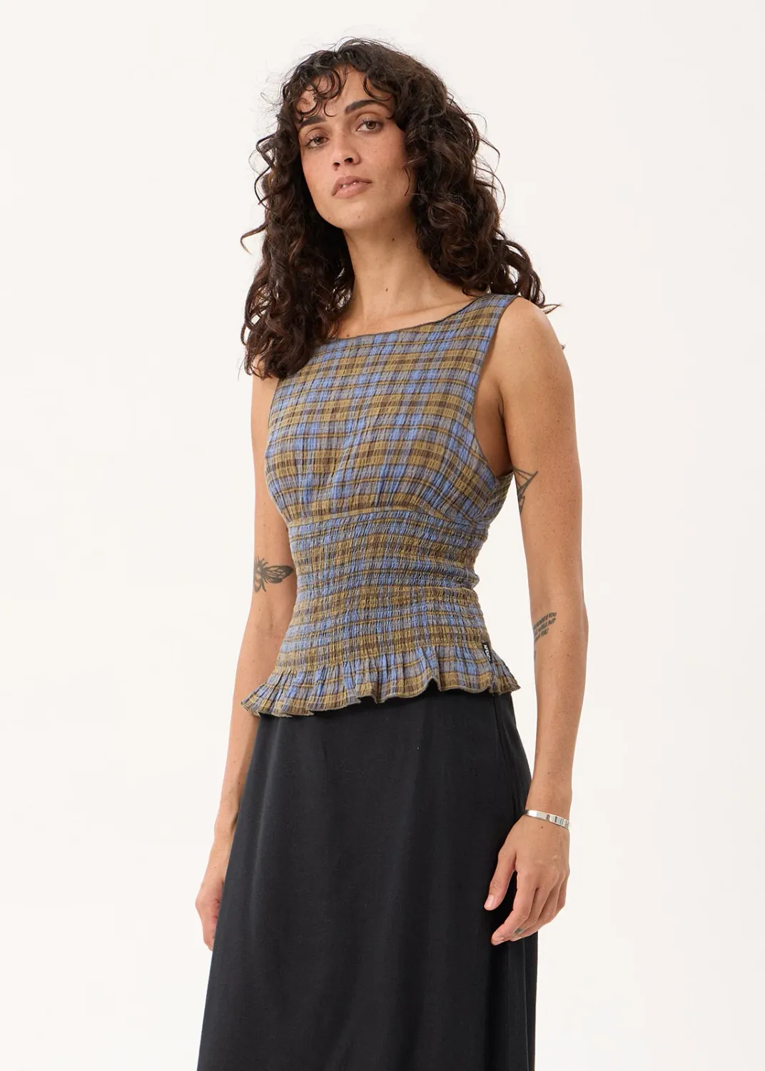 AFENDS WOMENS CEDAR - SEERSUCKER SLEEVELESS TOP - CEDAR / BLUE CHECK