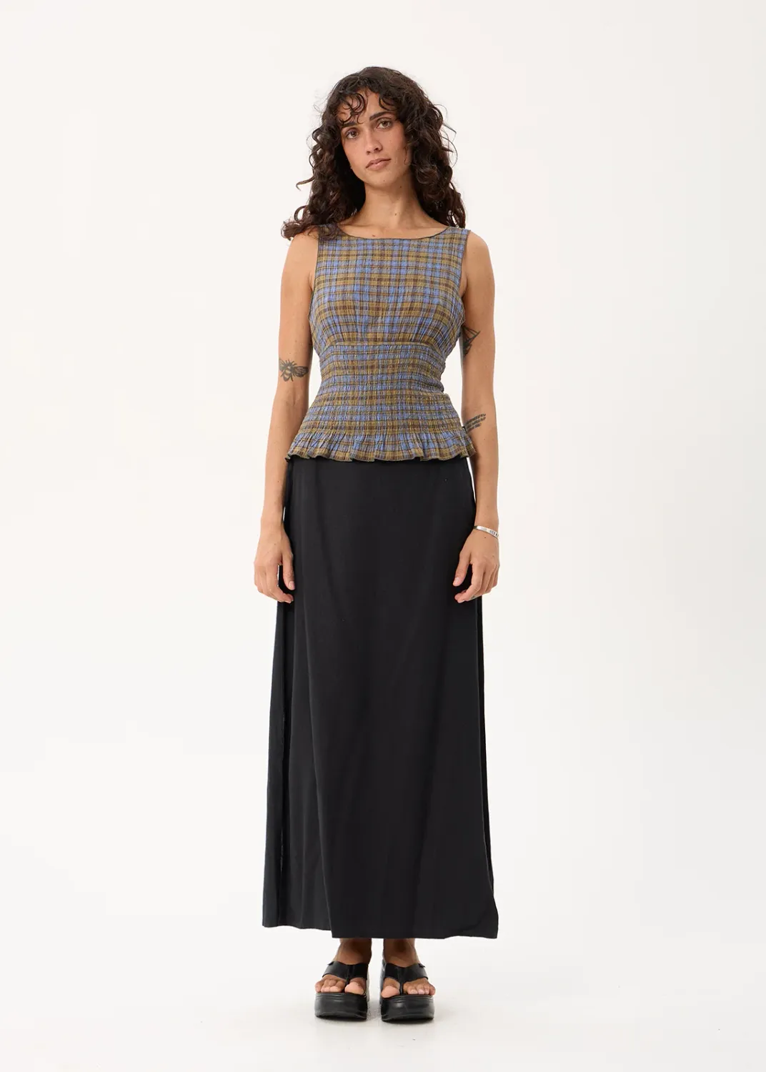 AFENDS WOMENS CEDAR - SEERSUCKER SLEEVELESS TOP - CEDAR / BLUE CHECK