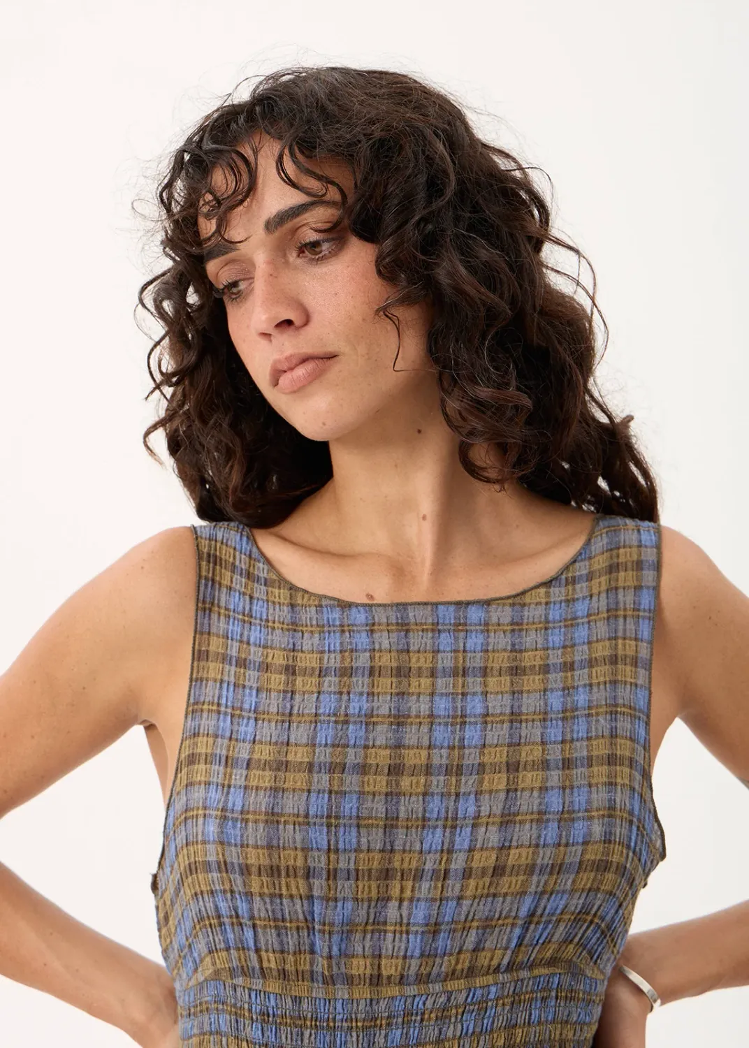 AFENDS WOMENS CEDAR - SEERSUCKER SLEEVELESS TOP - CEDAR / BLUE CHECK