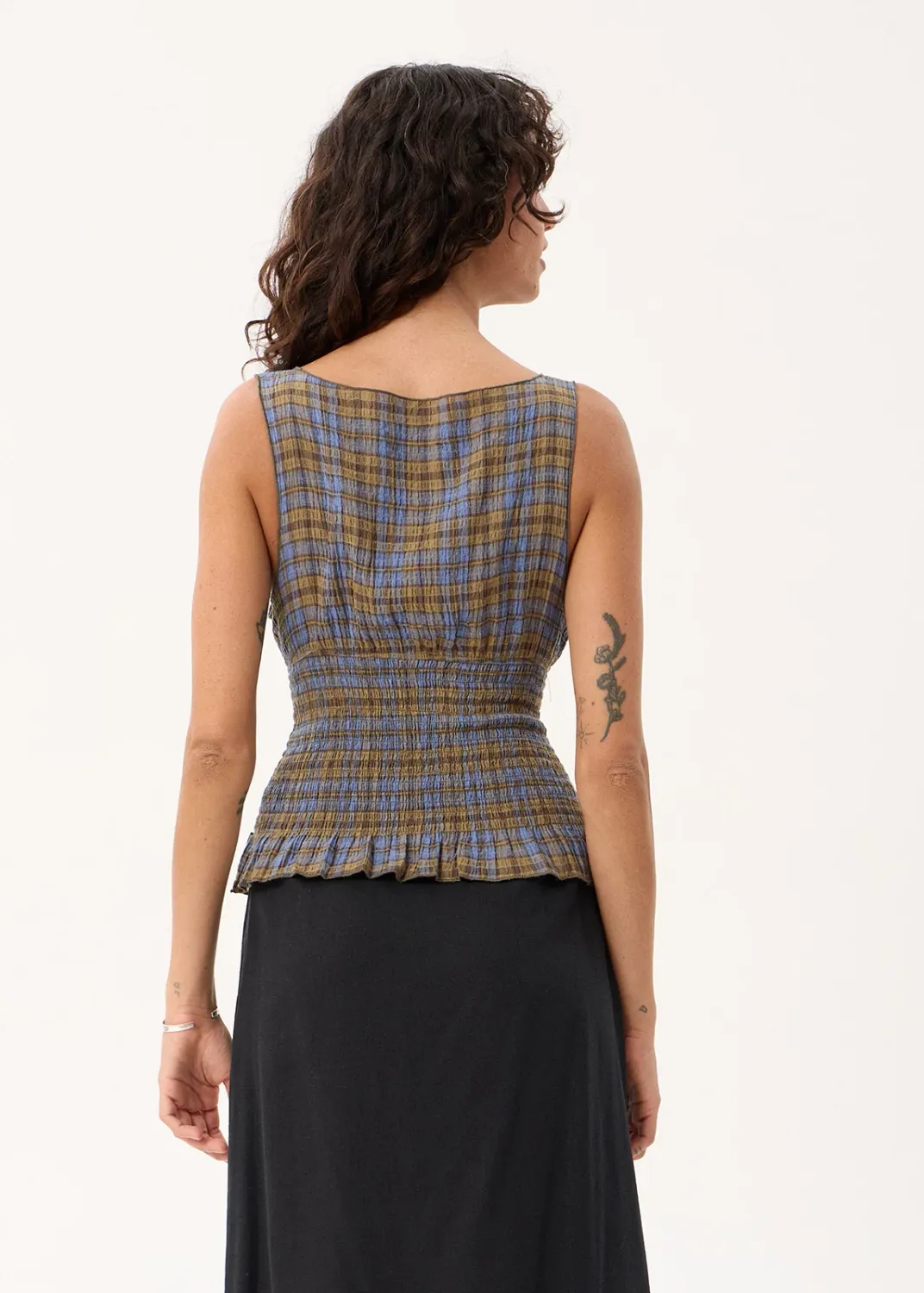 AFENDS WOMENS CEDAR - SEERSUCKER SLEEVELESS TOP - CEDAR / BLUE CHECK