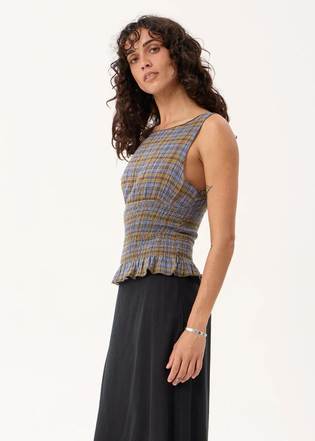 AFENDS WOMENS CEDAR - SEERSUCKER SLEEVELESS TOP - CEDAR / BLUE CHECK