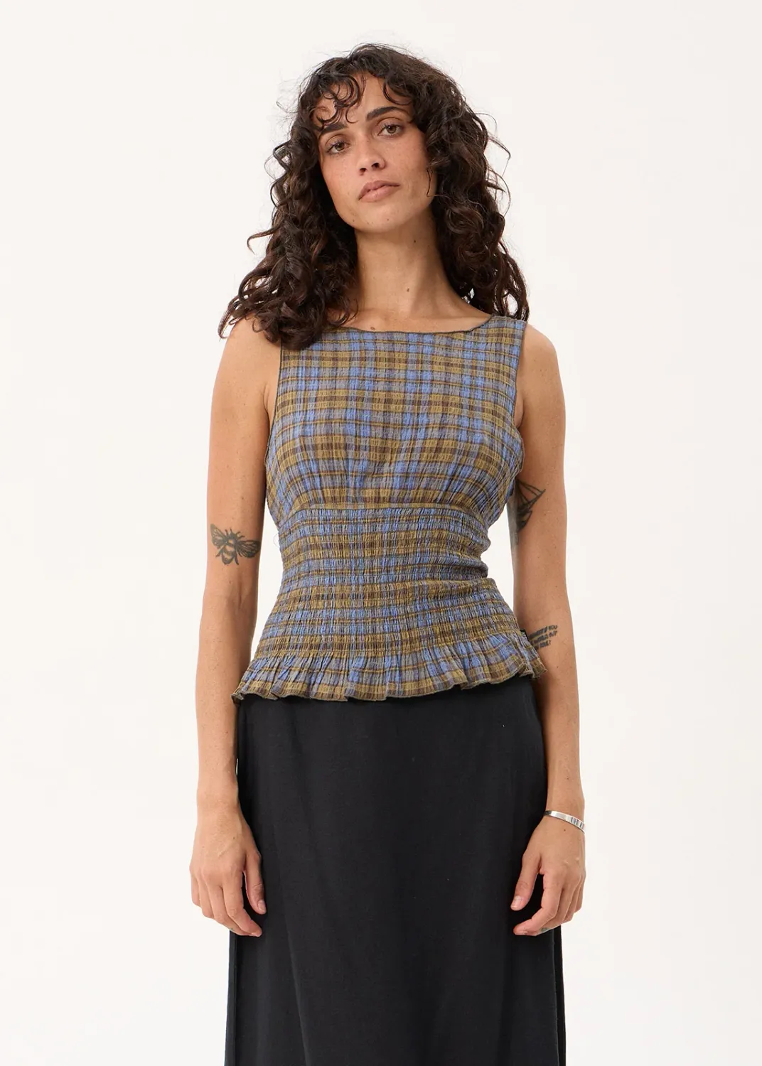 AFENDS WOMENS CEDAR - SEERSUCKER SLEEVELESS TOP - CEDAR / BLUE CHECK