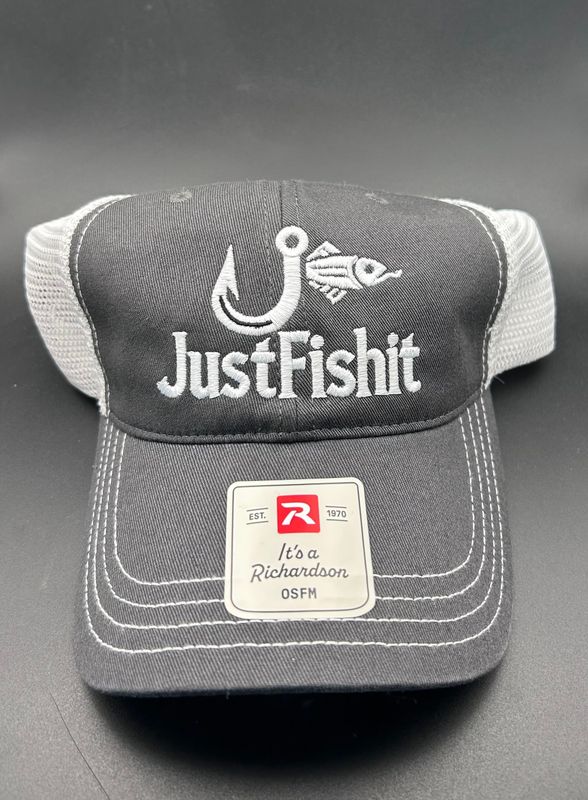 CUSTOM TRUCKERS HAT Charcoal Grey & White, White Logo