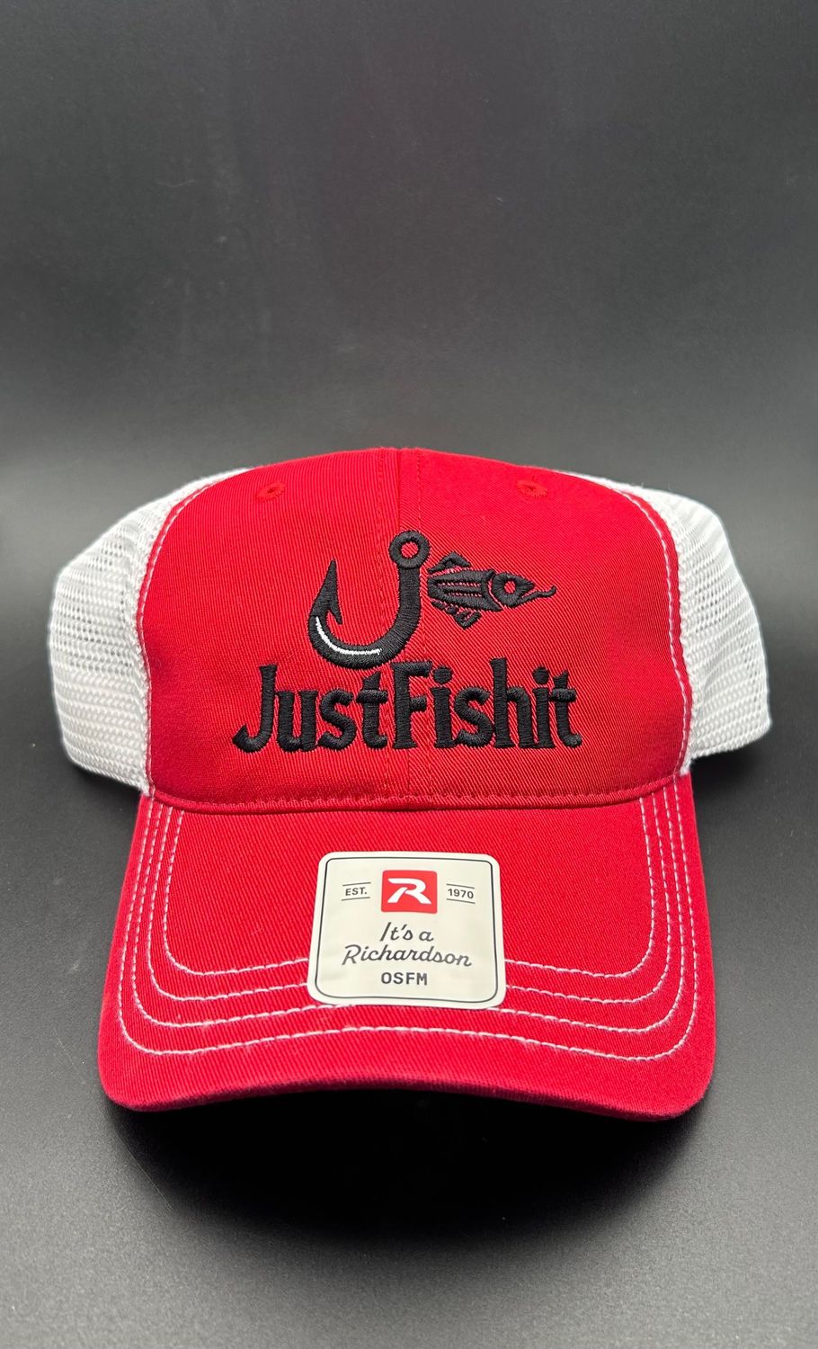 CUSTOM TRUCKERS HAT Red & White, Black Logo