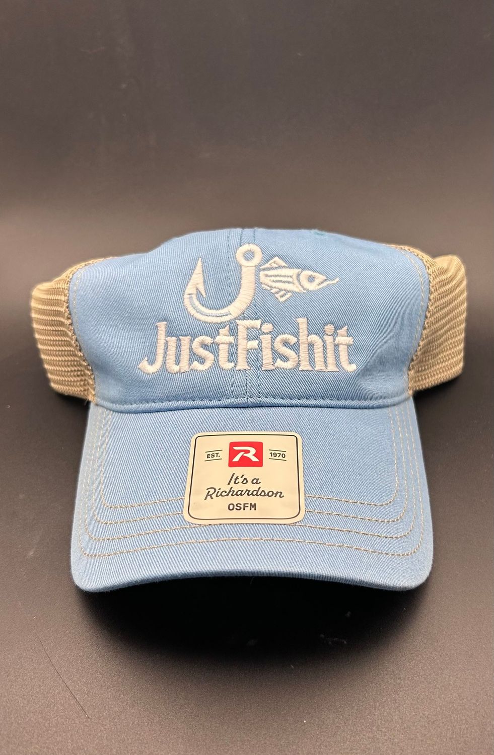 CUSTOM TRUCKERS HAT Light Blue & Tan, White Logo
