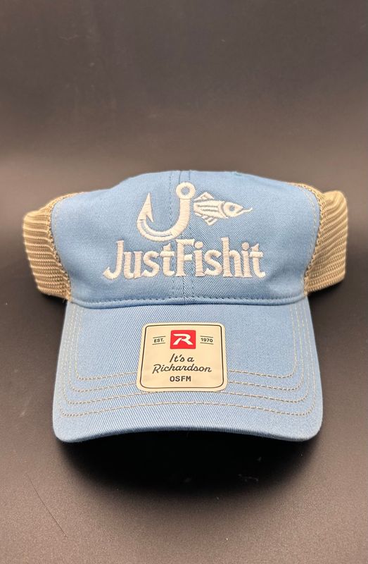 CUSTOM TRUCKERS HAT Light Blue & Tan, White Logo