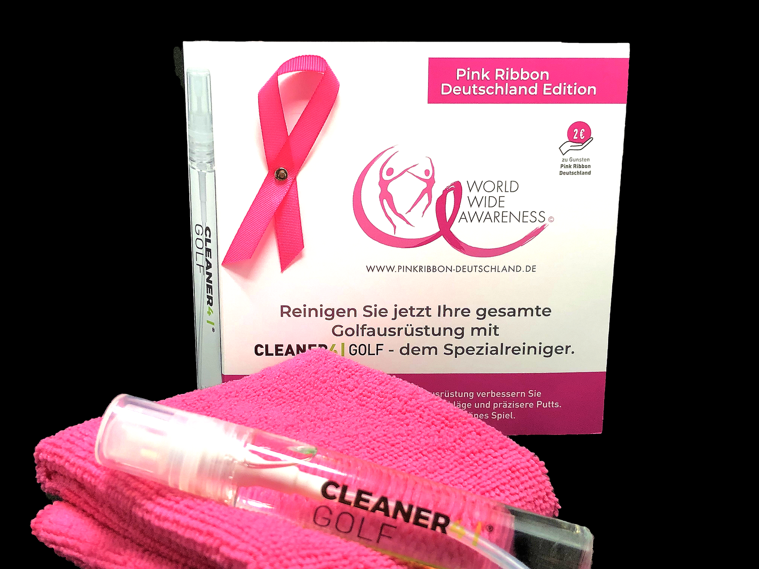 PINK Ribbon Deutschland Edition inkl. 2 € Spende von Cleaner4Golf :
20 ml Sprühflasche + Mikrofasertuch 30 x 30 cm + Ansteckschleife