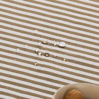 tafelkleed gestreept wit taupe bruin met vlekbestendige coating voor binnen en buiten