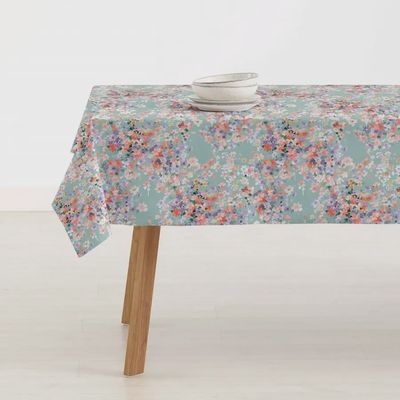 Turquoise tafelkleed met bloemen 250 x 140 cm