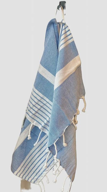 blauw wit gestreepte hamam theedoek Sagaform 50x70 cm met franjes