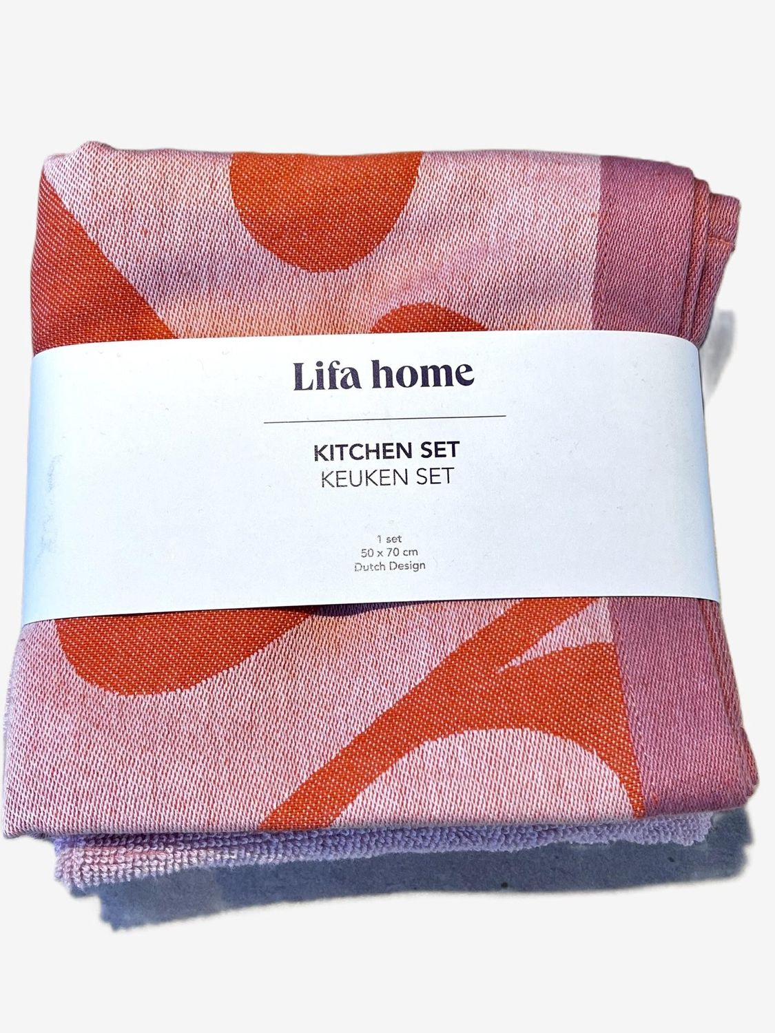 Theedoek &amp; handdoek set oranje/roze - 50x70 cm